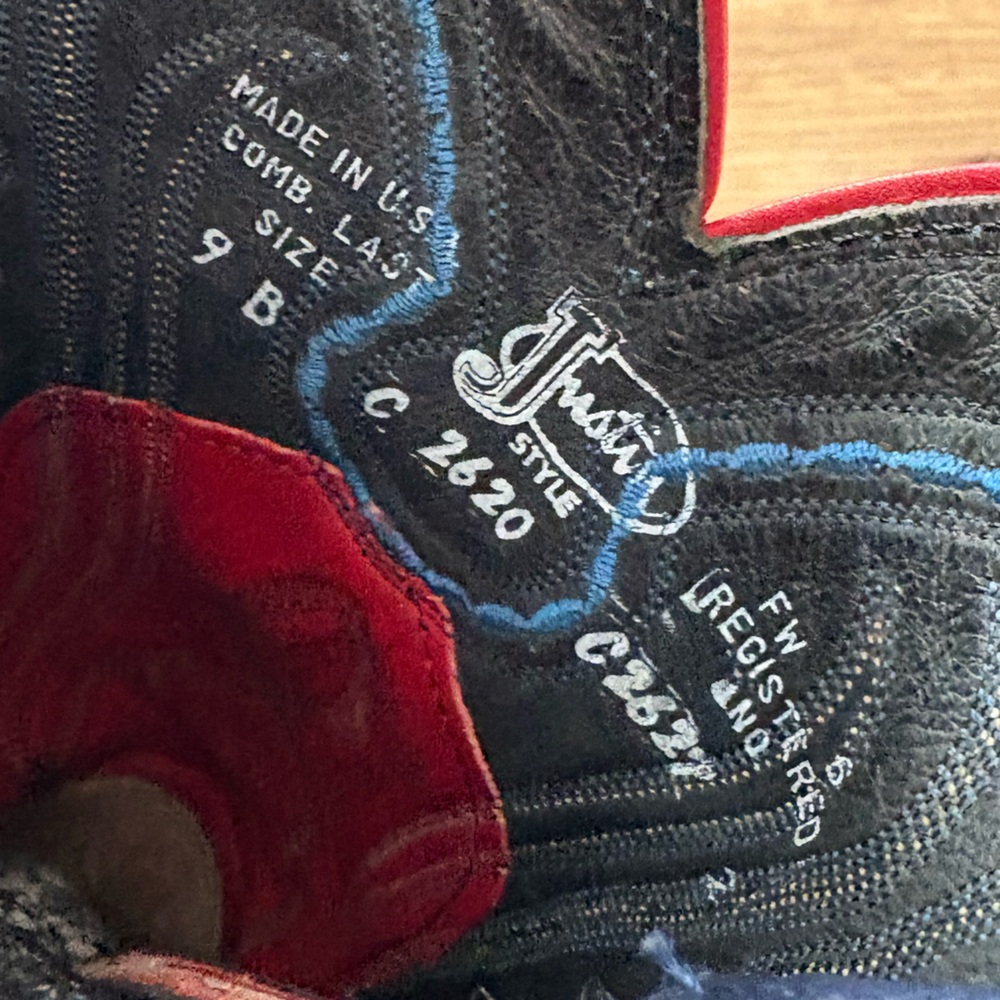 Justin Boots Black with Red and Blue Accents